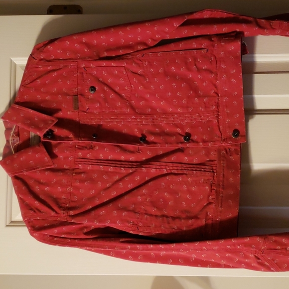 Ralph Lauren Petite Red with Tan Flower Patrern Jean Jacket. Size PS.